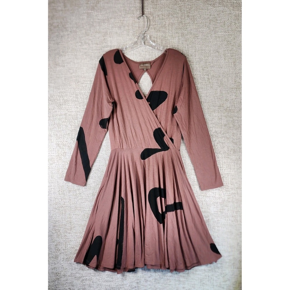 Bel Kazan Abstract Print Faux Wrap Dress Womens L Mauve Fit Flare Open‎ Back
